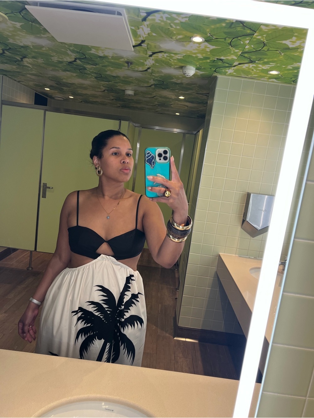 SHEIN Black & Cream Palm-Print Cutout Maxi Dress